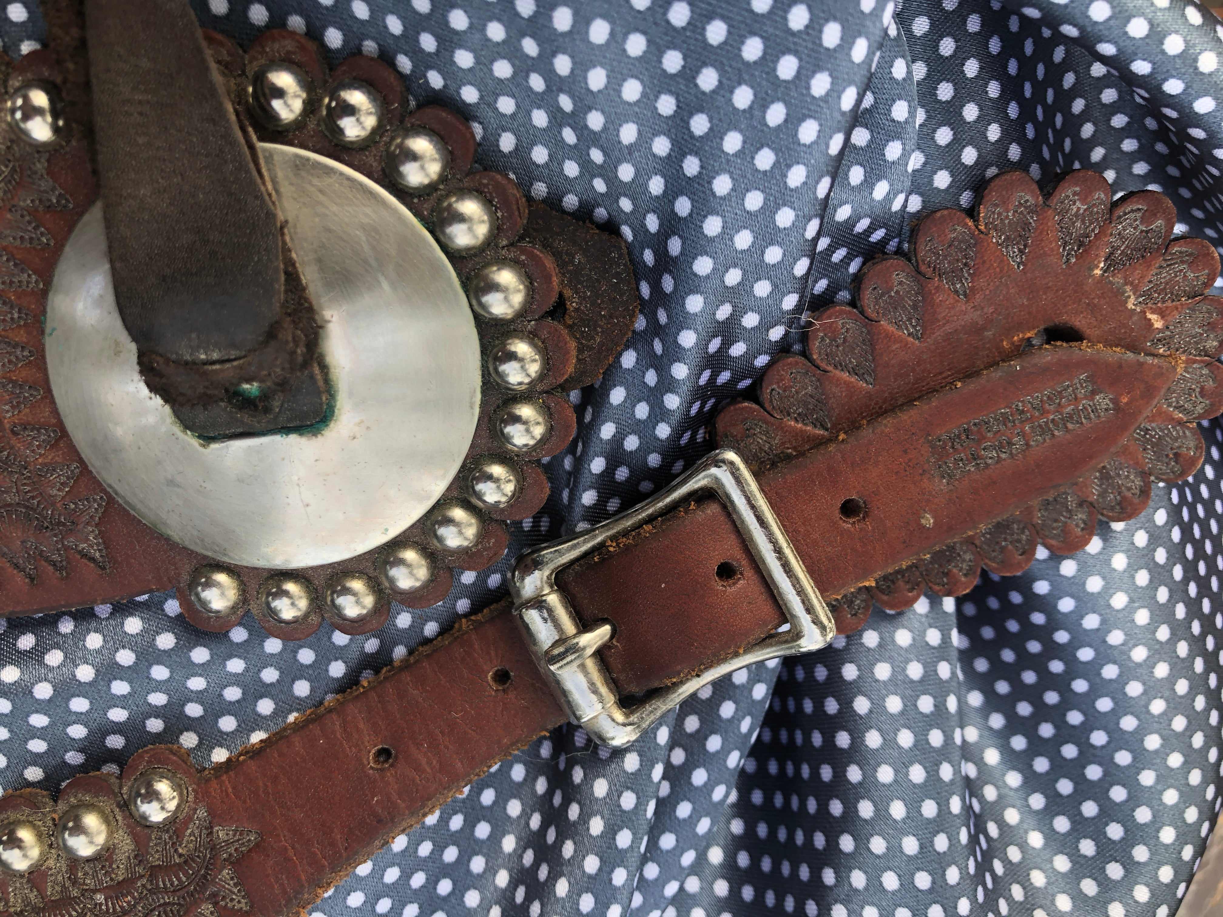 Texas Maker Buddie Foster Marked & Tooled Leather Spur Straps w/ Silver Conchos