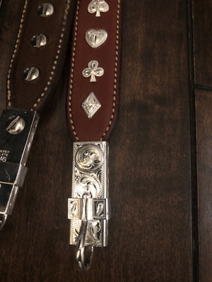 Custom Made Chestnut Headstall w/ Silver Overlay Card Suit Conchos and Bit Hangers