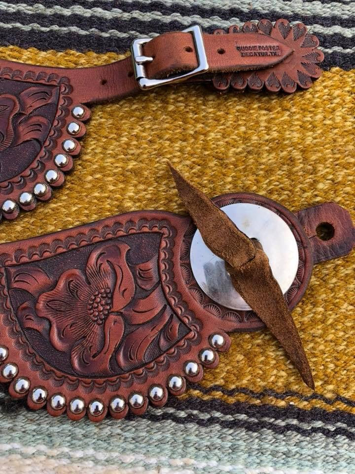 Texas Maker Buddie Foster Marked & Tooled Leather Spur Straps w/ Silver Conchos
