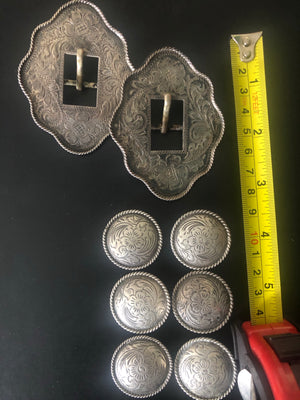 Sterling Overlay Buckle (2) and Concho (6) Set