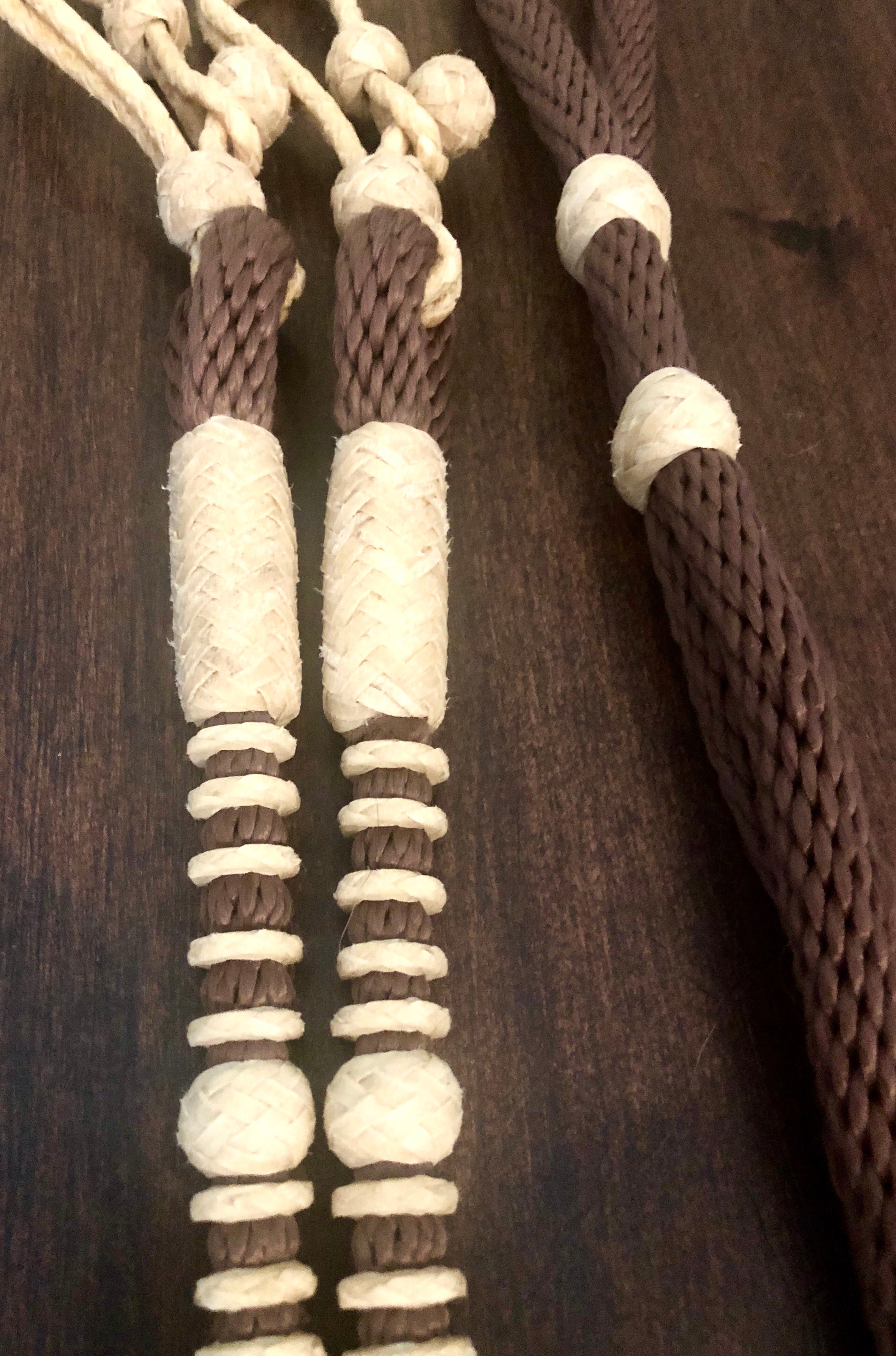 Roping/ Barrel Rein w/Rawhide Buttons Braided by Ben Seville (Brown)