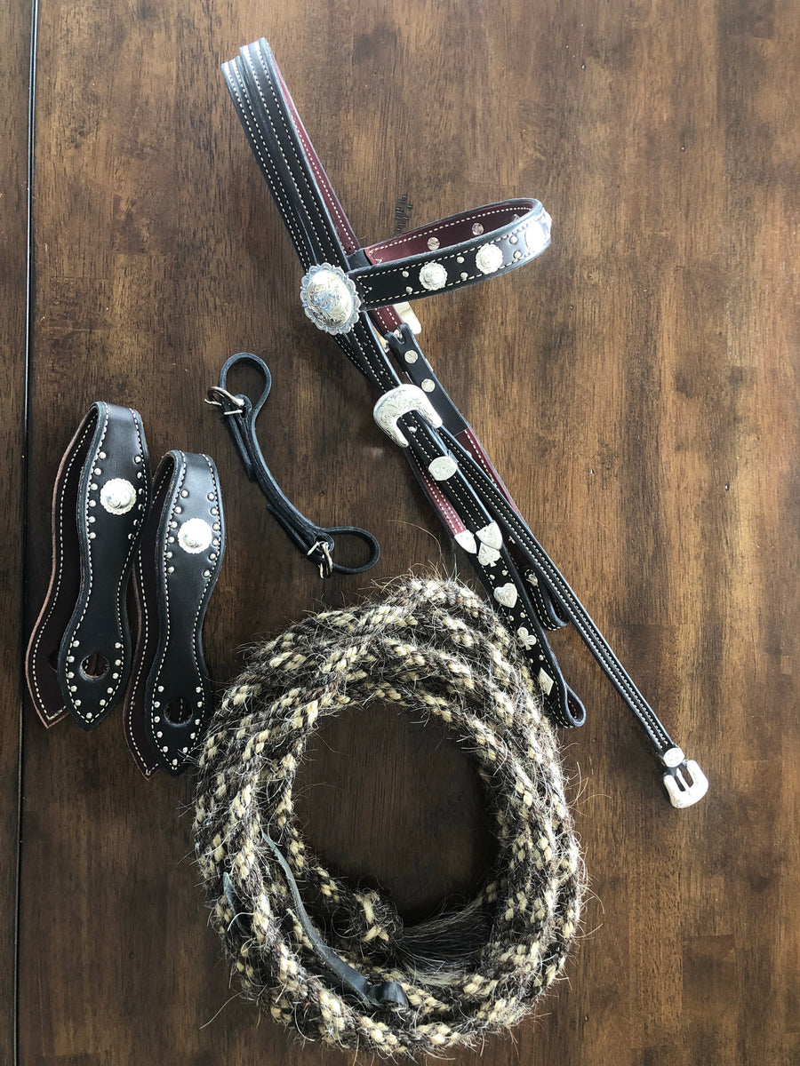 Silver Snaffle Bit Rig w/Card Suits, Mecate, Slobber Straps and Curb S ...