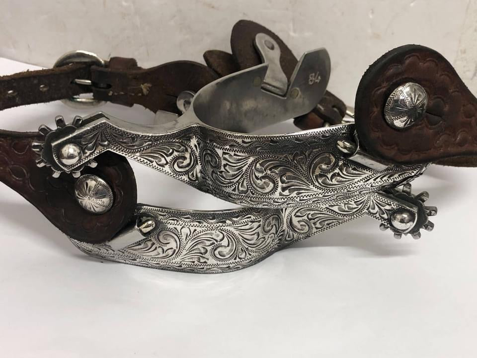 Silver Overlaid Fleming Style Spurs w/Straps Marked 84