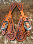 Olen Clark Light Herman Oak Leather Spur Straps w/Blue Accents & JW Buckles