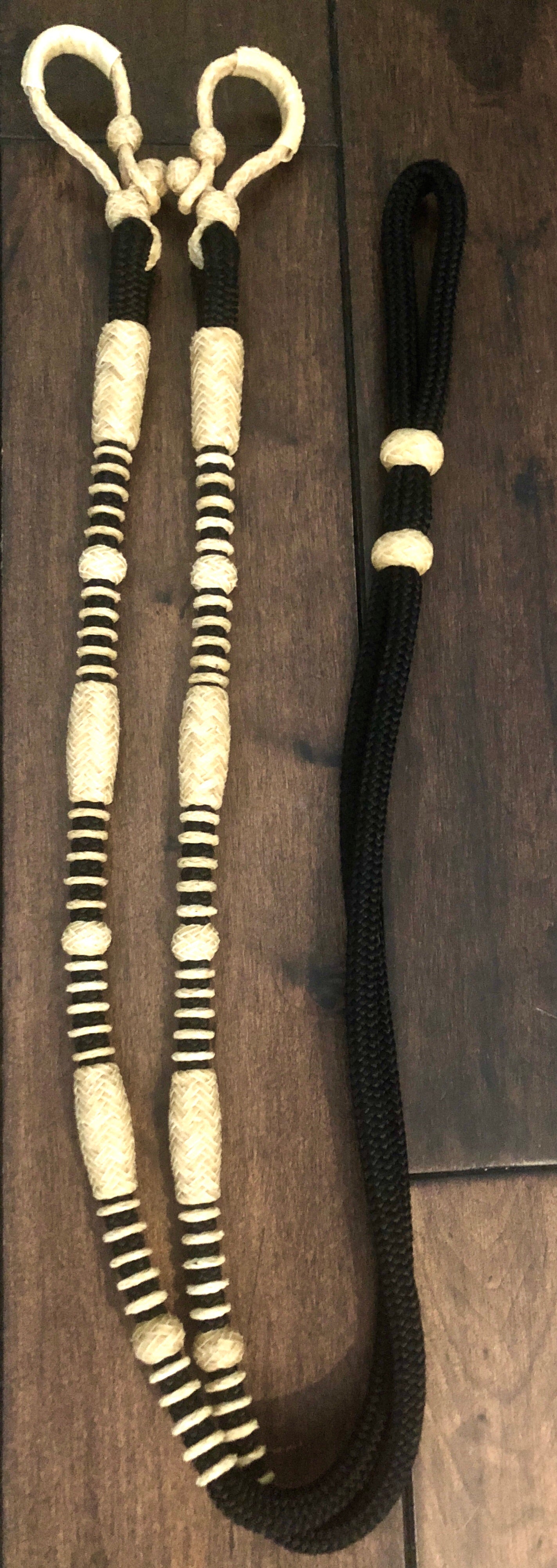 Roping/ Barrel Rein w/Rawhide Buttons Braided by Ben Seville (Black)