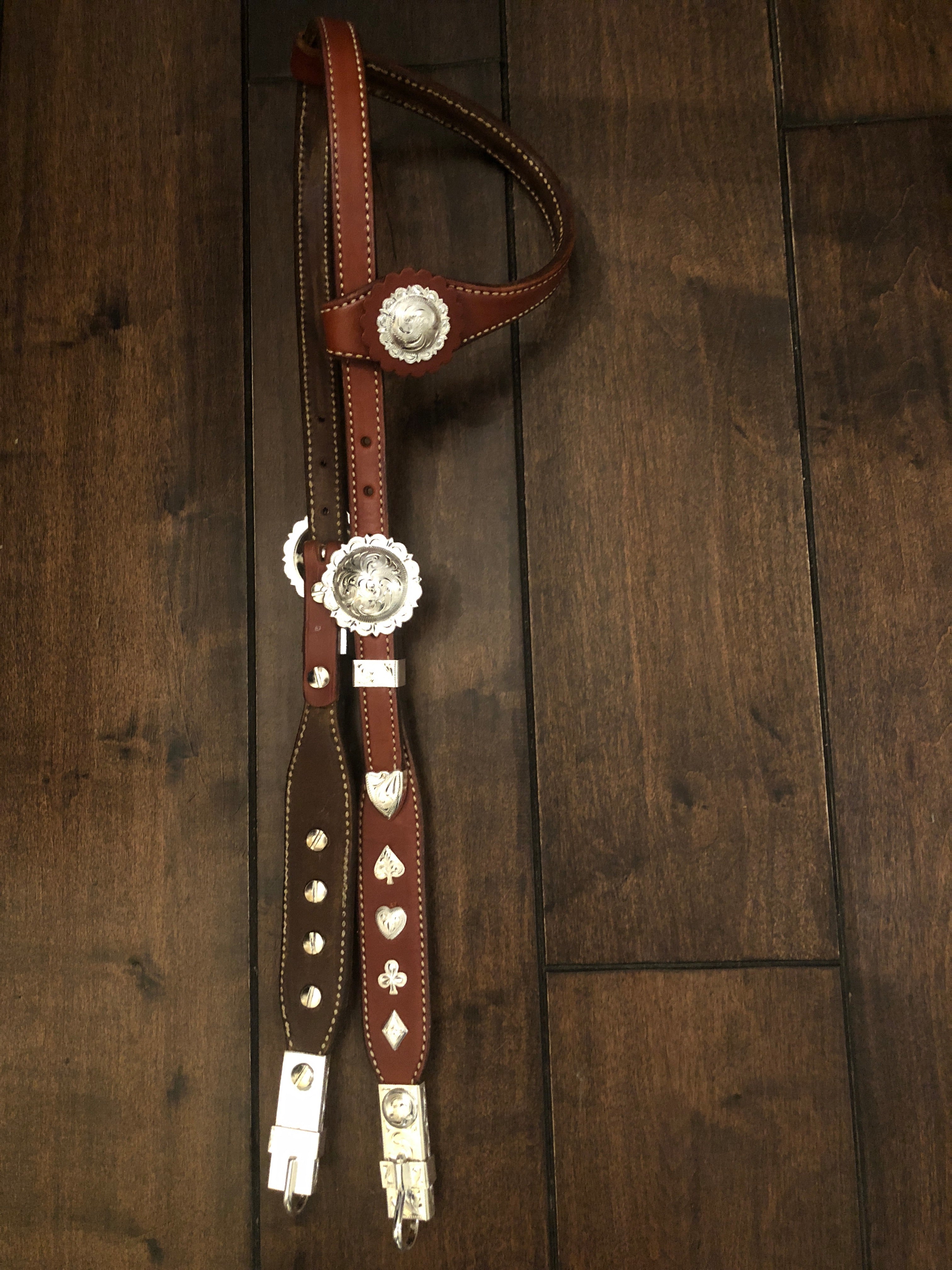 Custom Made Chestnut Headstall w/ Silver Overlay Card Suit Conchos and Bit Hangers