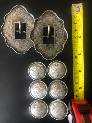 Sterling Overlay Buckle (2) and Concho (6) Set