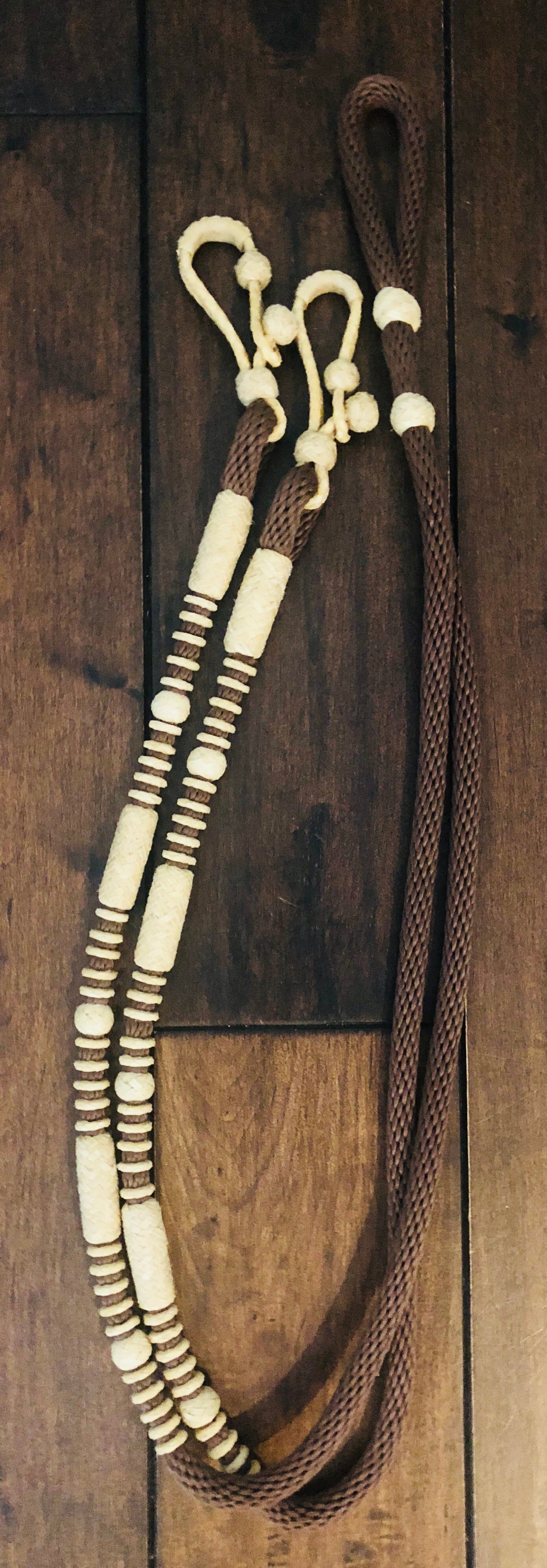 Roping/ Barrel Rein w/Rawhide Buttons Braided by Ben Seville (Brown)