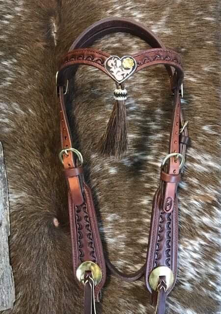 Olen Clark Headstall w/Rose Gold Heart & Brass Conchos